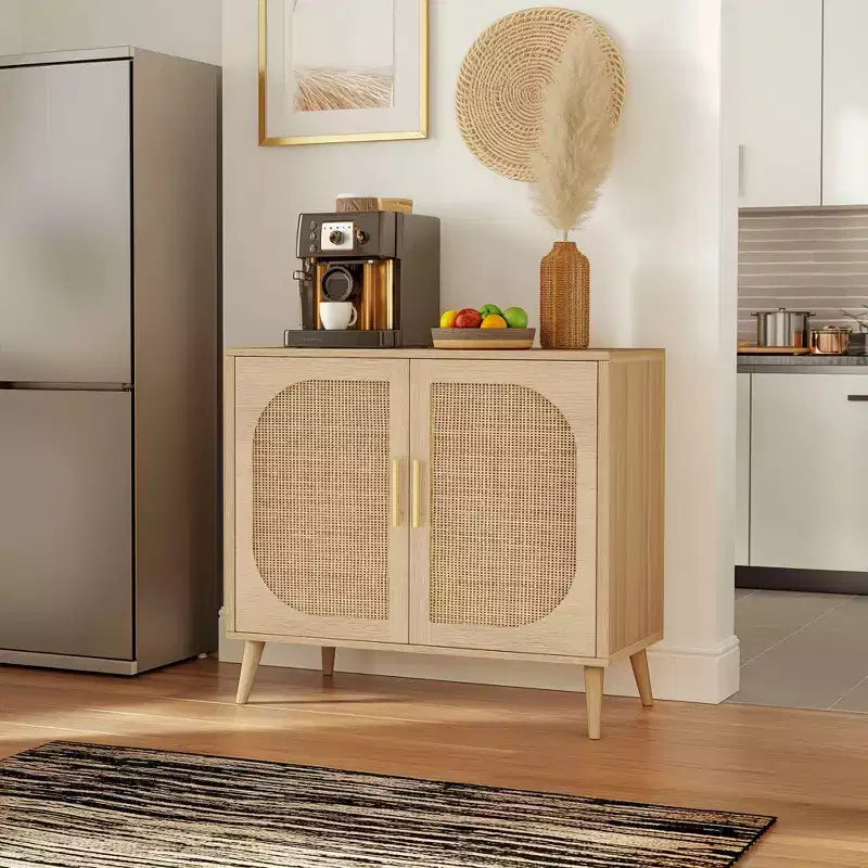Buffet en rotin élégant de 31,5 W avec 4 compartiments, buffet 2 portes avec pieds en bois massif