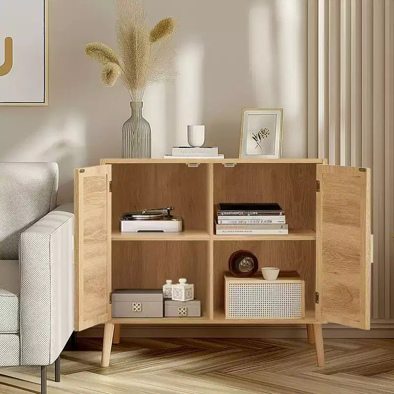 Buffet en rotin élégant de 31,5 W avec 4 compartiments, buffet 2 portes avec pieds en bois massif