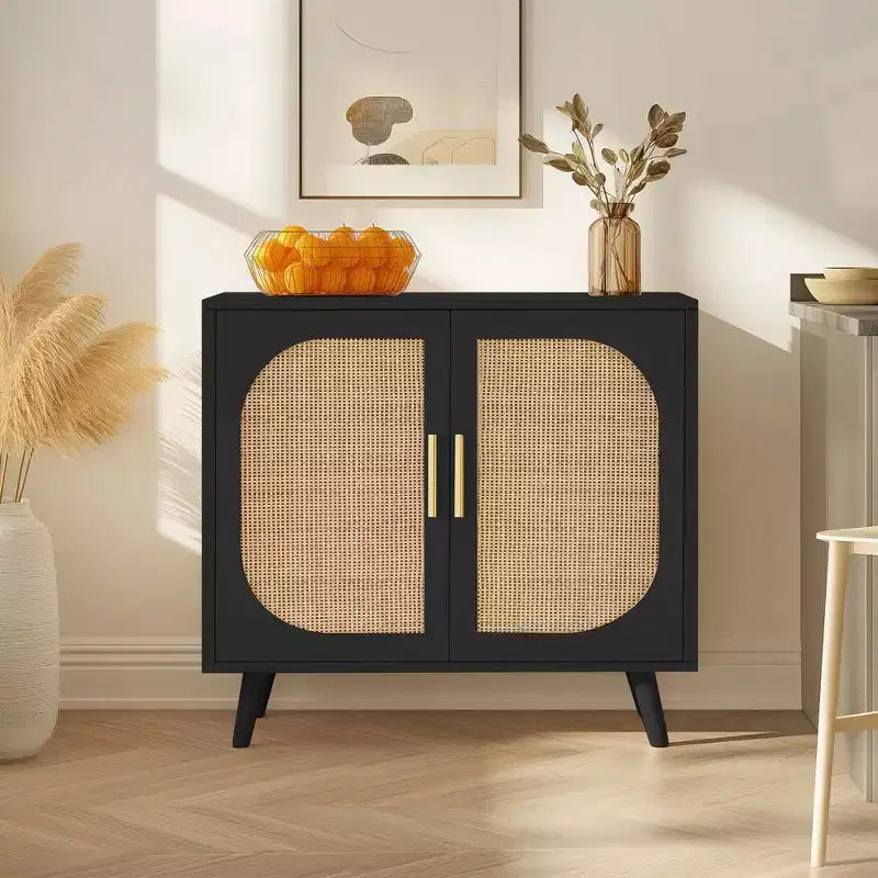 31.5W Elegant Rattan Storage Cabinet with 4 Compartments, 2-Door Buffet Sideboard with Solid Wood Feet - ModernLuxe