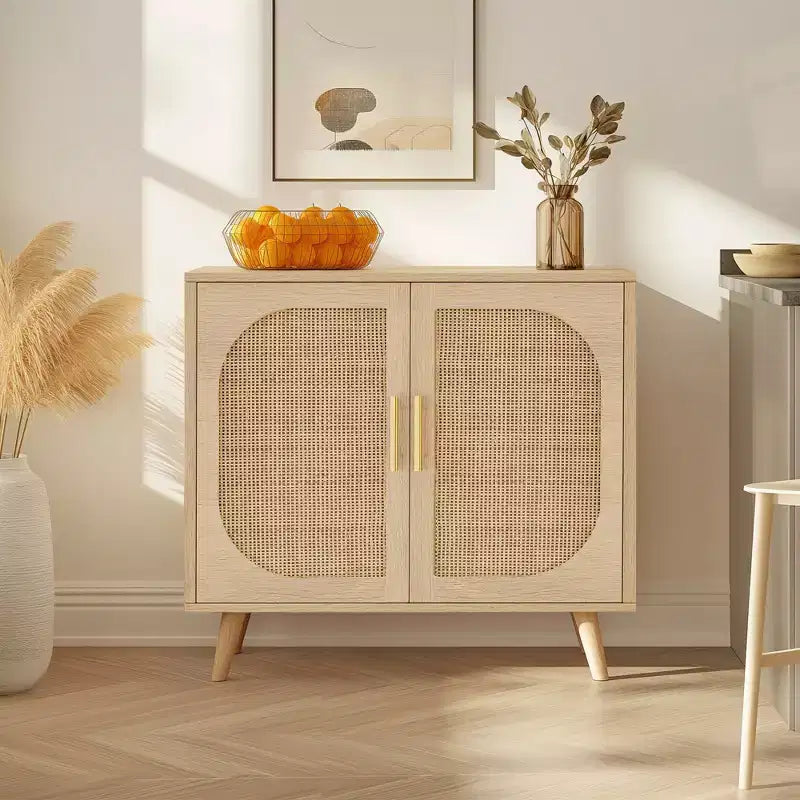 Buffet en rotin élégant de 31,5 W avec 4 compartiments, buffet 2 portes avec pieds en bois massif
