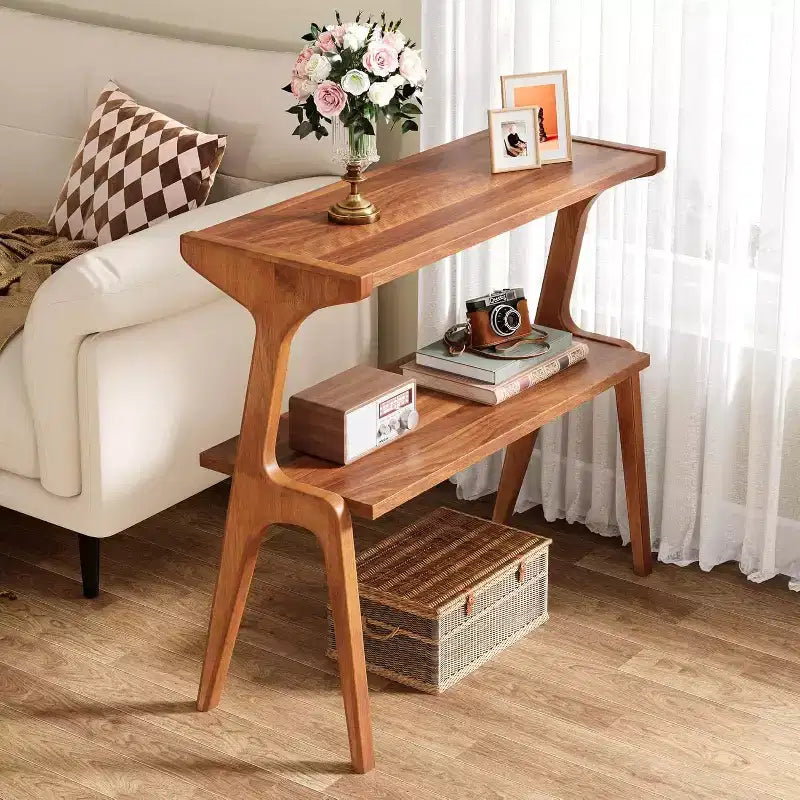 Table d'appoint étroite à 2 niveaux avec pieds en bois massif