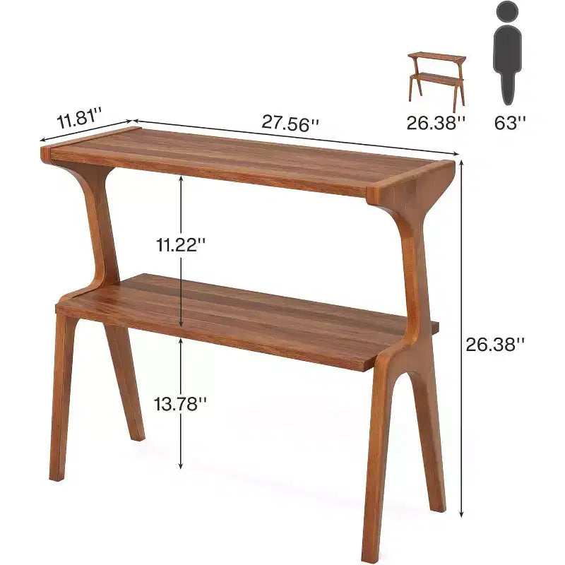 Table d'appoint étroite à 2 niveaux avec pieds en bois massif
