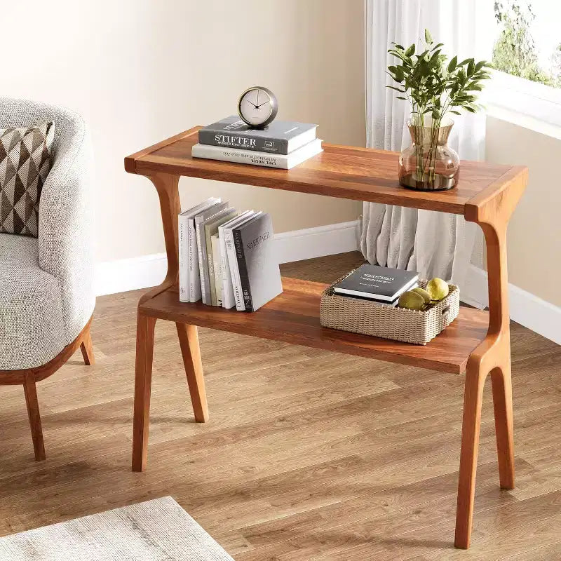 Table d'appoint étroite à 2 niveaux avec pieds en bois massif