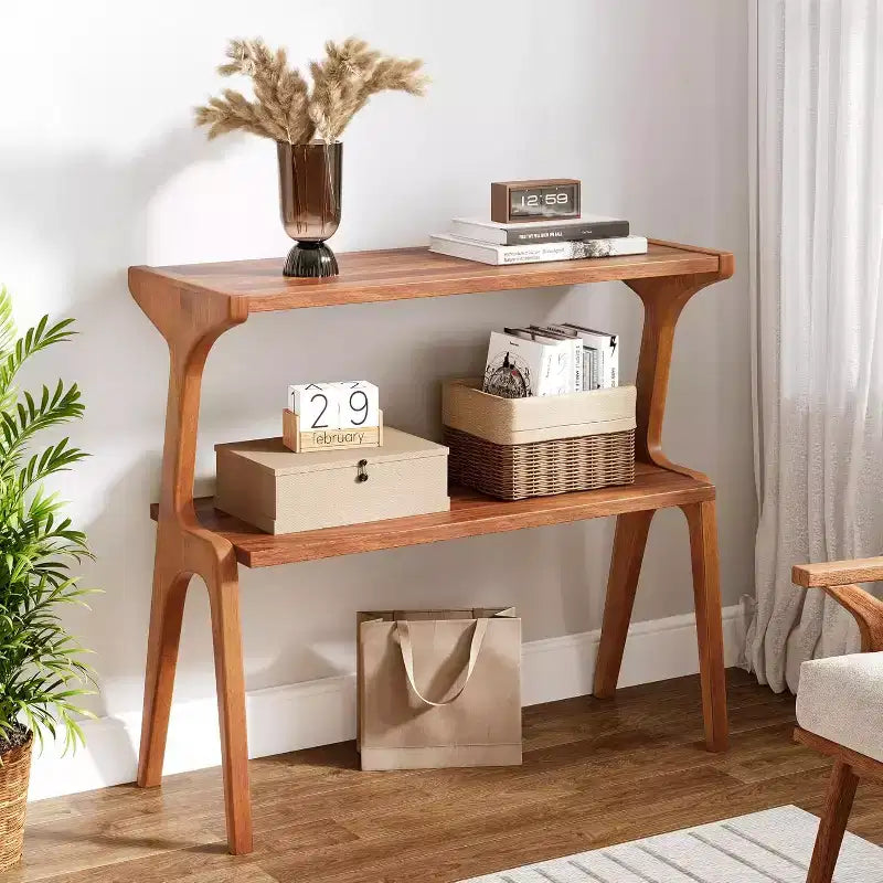 Table d'appoint étroite à 2 niveaux avec pieds en bois massif