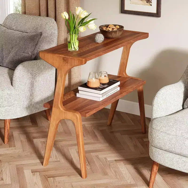 Table d'appoint étroite à 2 niveaux avec pieds en bois massif