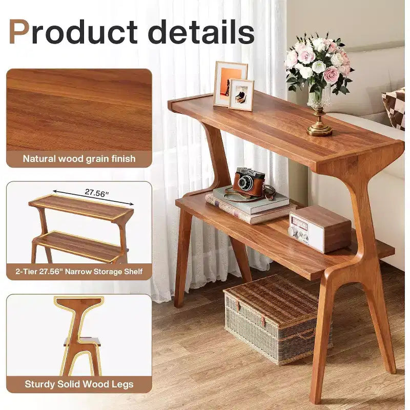 Table d'appoint étroite à 2 niveaux avec pieds en bois massif