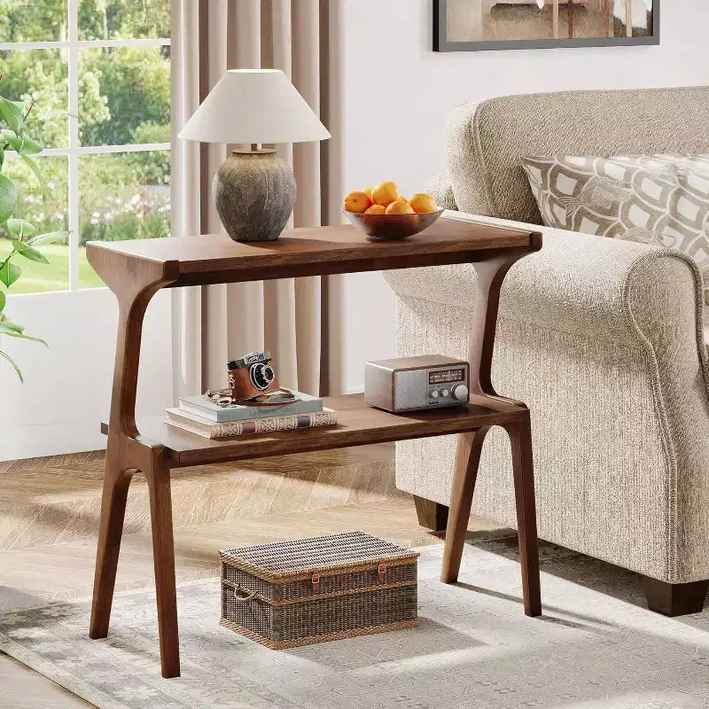Table d'appoint étroite à 2 niveaux avec pieds en bois massif