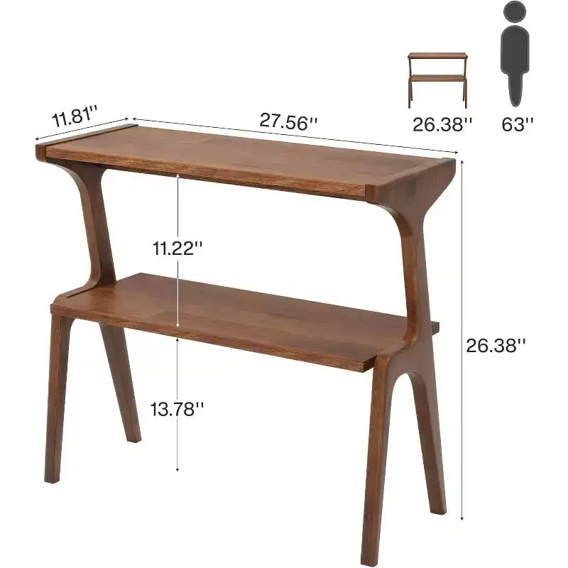 Table d'appoint étroite à 2 niveaux avec pieds en bois massif