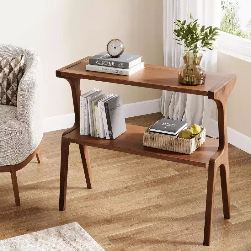 Table d'appoint étroite à 2 niveaux avec pieds en bois massif