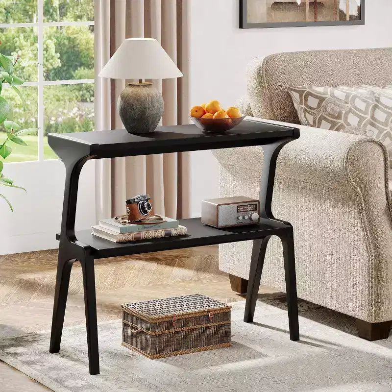 Table d'appoint étroite à 2 niveaux avec pieds en bois massif