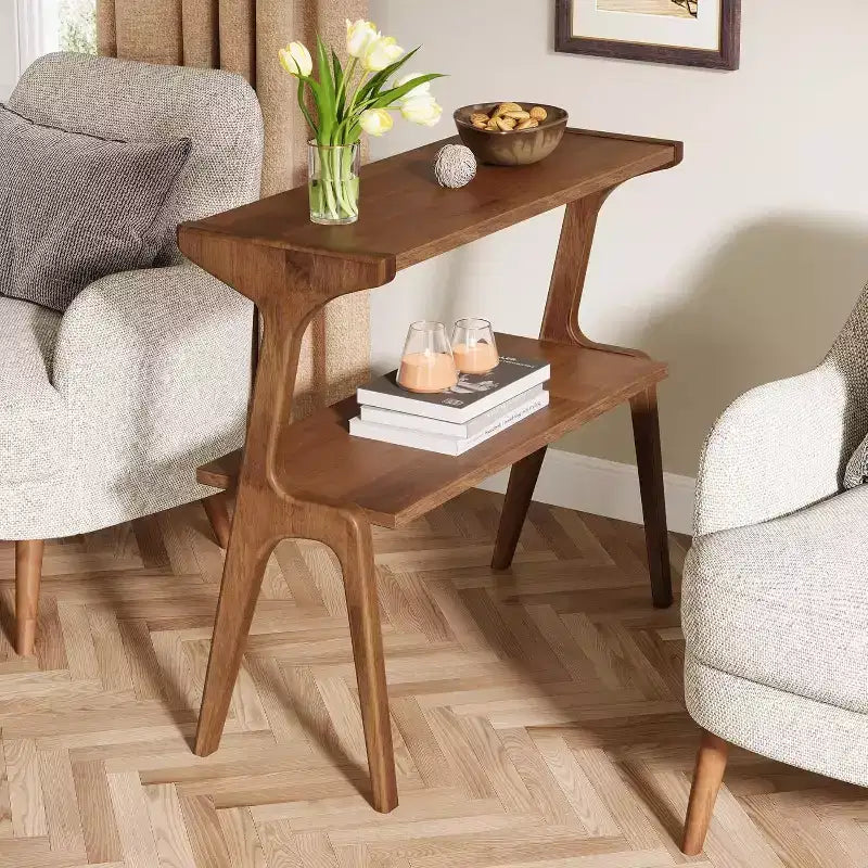 Table d'appoint étroite à 2 niveaux avec pieds en bois massif