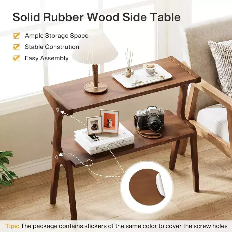 Table d'appoint étroite à 2 niveaux avec pieds en bois massif