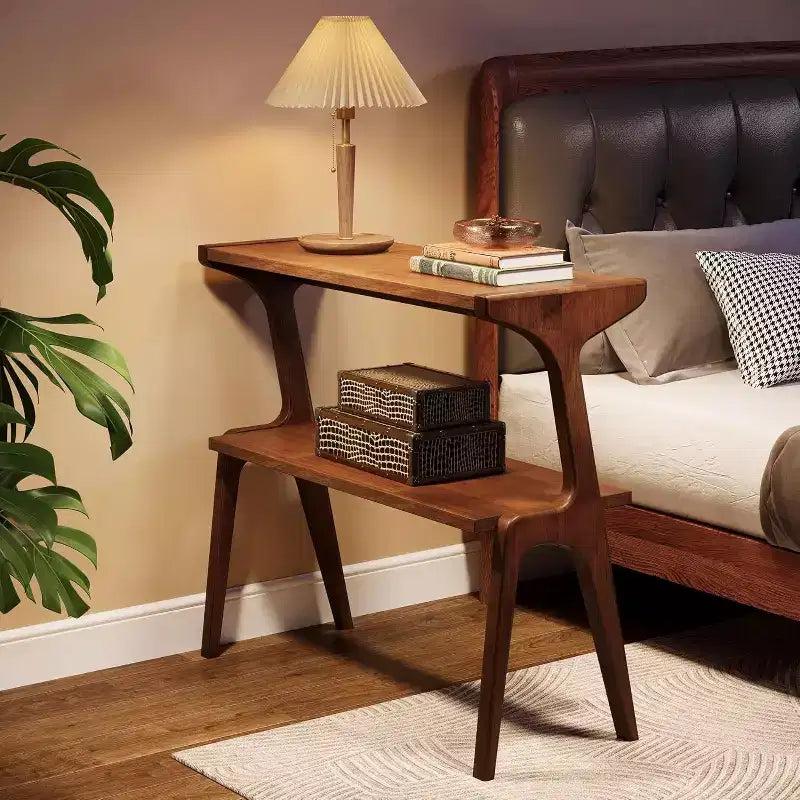 Table d'appoint étroite à 2 niveaux avec pieds en bois massif