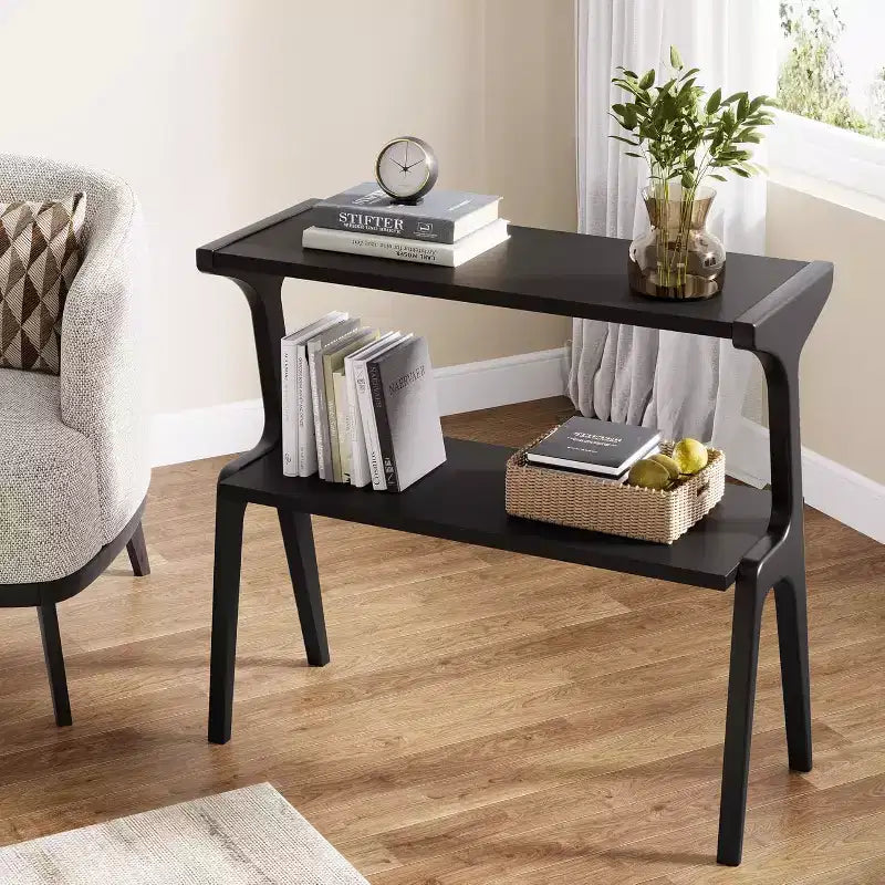 Table d'appoint étroite à 2 niveaux avec pieds en bois massif