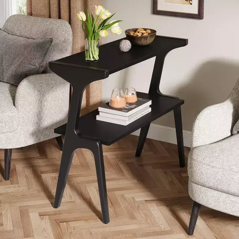 Table d'appoint étroite à 2 niveaux avec pieds en bois massif