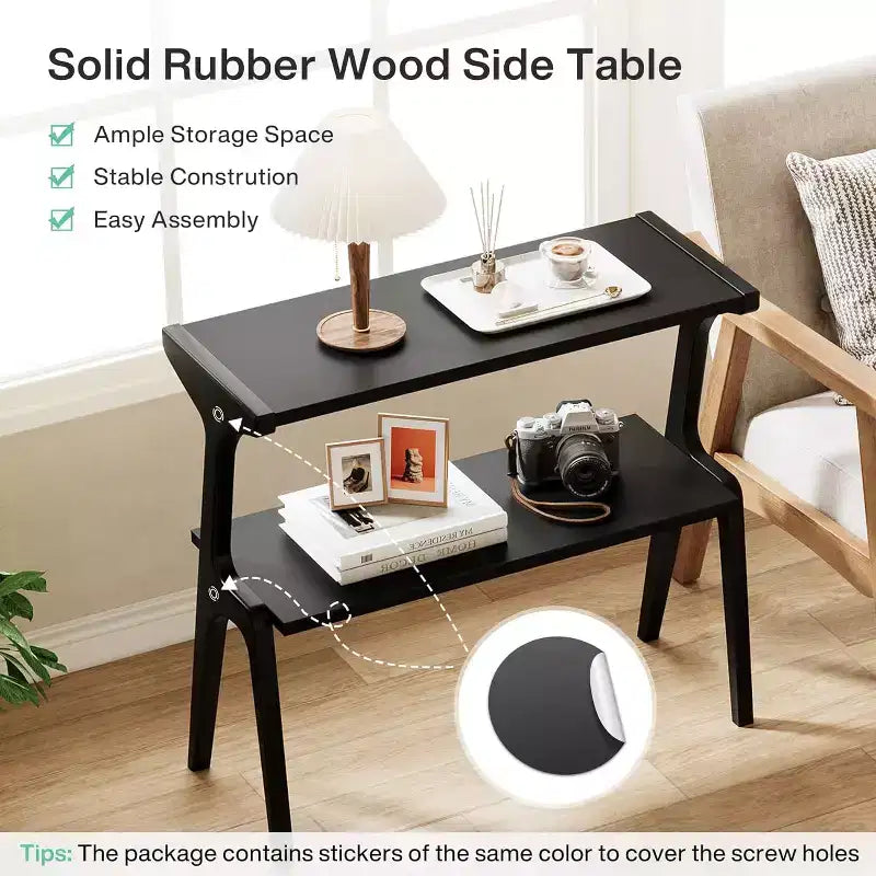 Table d'appoint étroite à 2 niveaux avec pieds en bois massif
