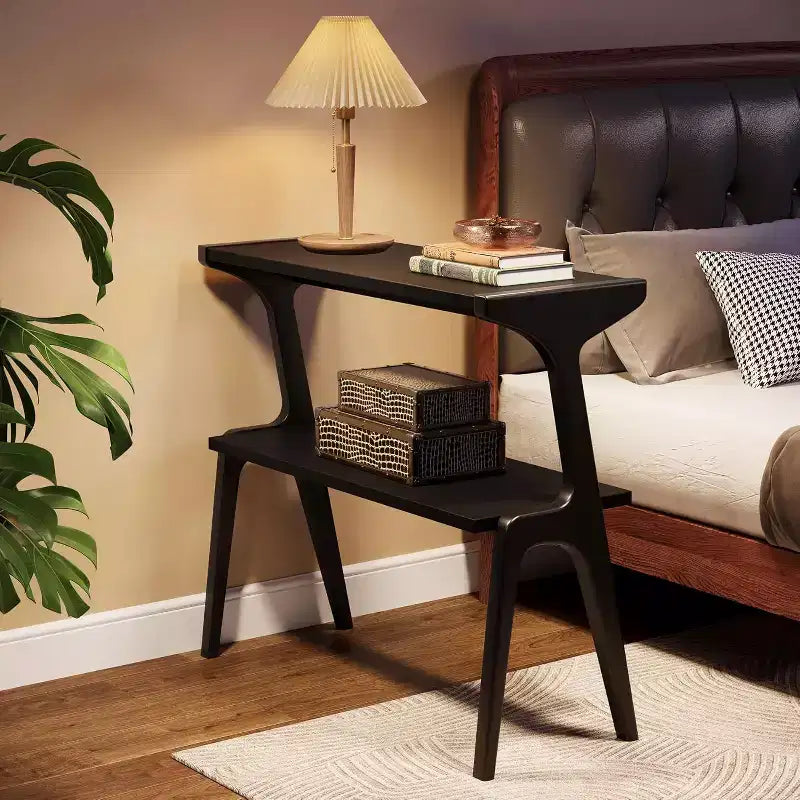 Table d'appoint étroite à 2 niveaux avec pieds en bois massif