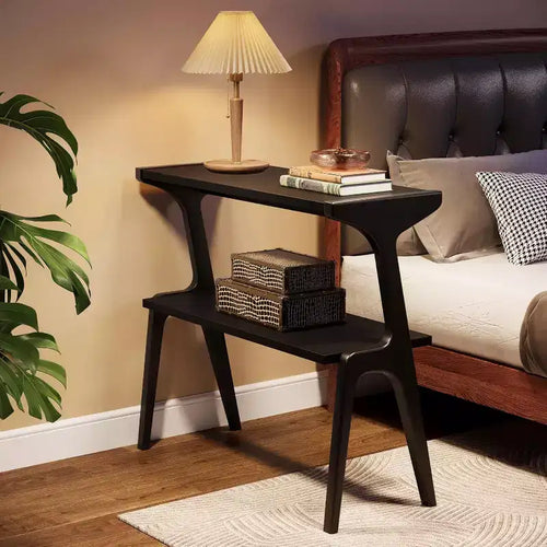 Table d'appoint étroite à 2 niveaux avec pieds en bois massif
