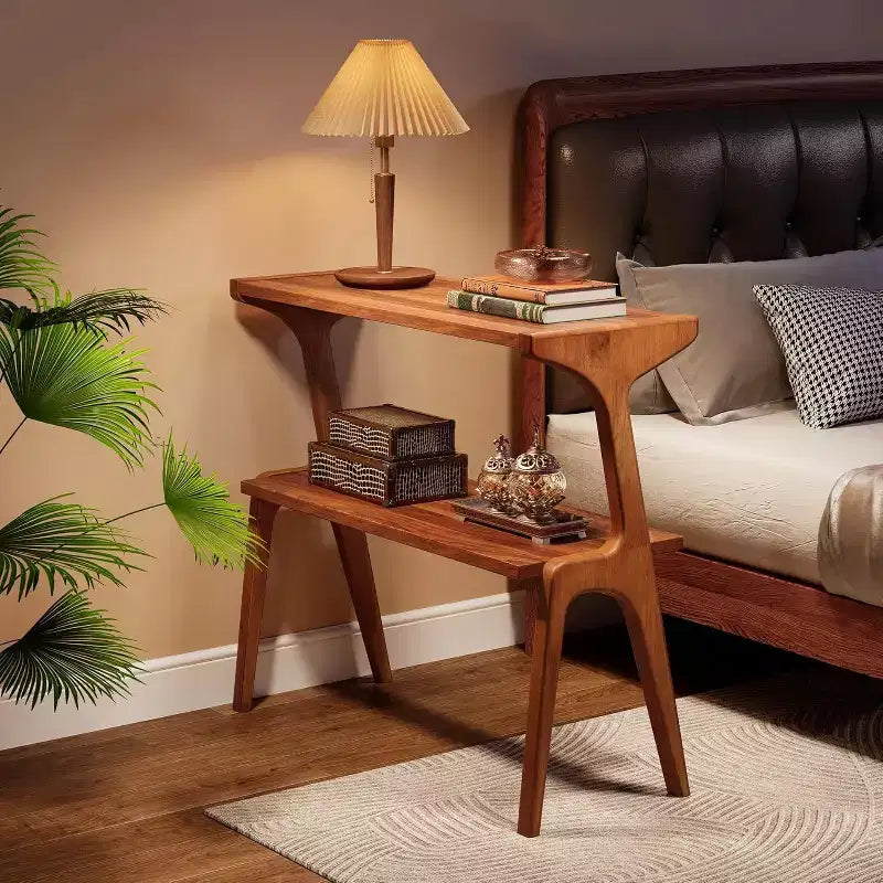 Table d'appoint étroite à 2 niveaux avec pieds en bois massif
