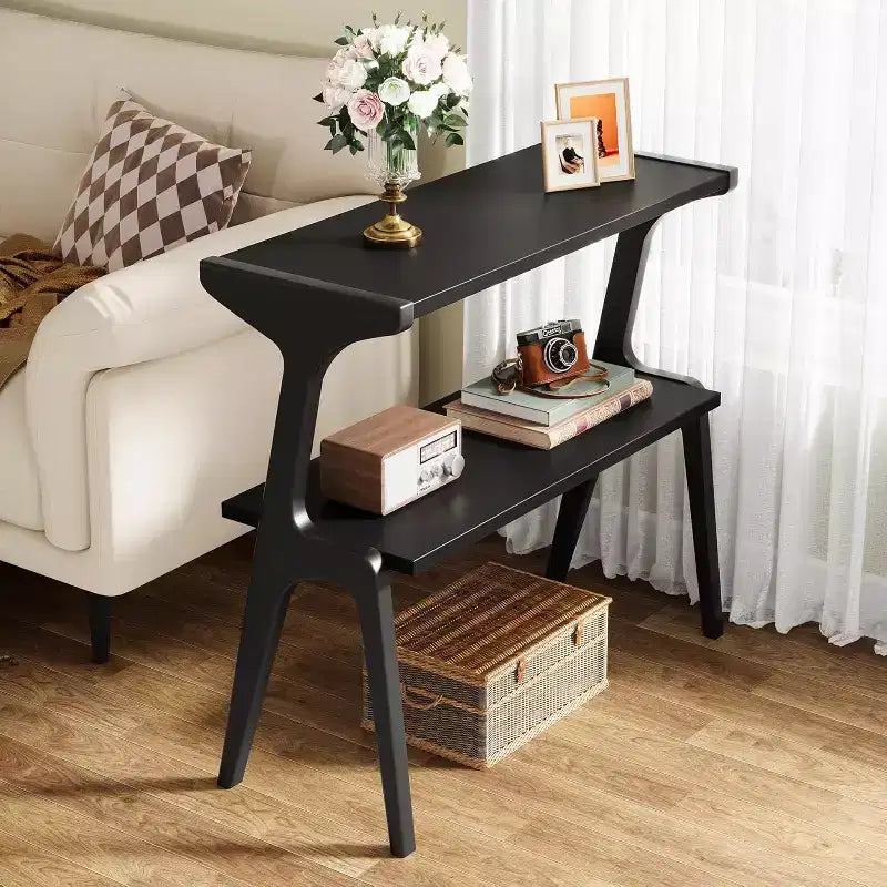 Table d'appoint étroite à 2 niveaux avec pieds en bois massif