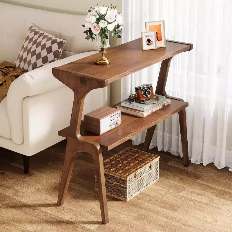 Table d'appoint étroite à 2 niveaux avec pieds en bois massif