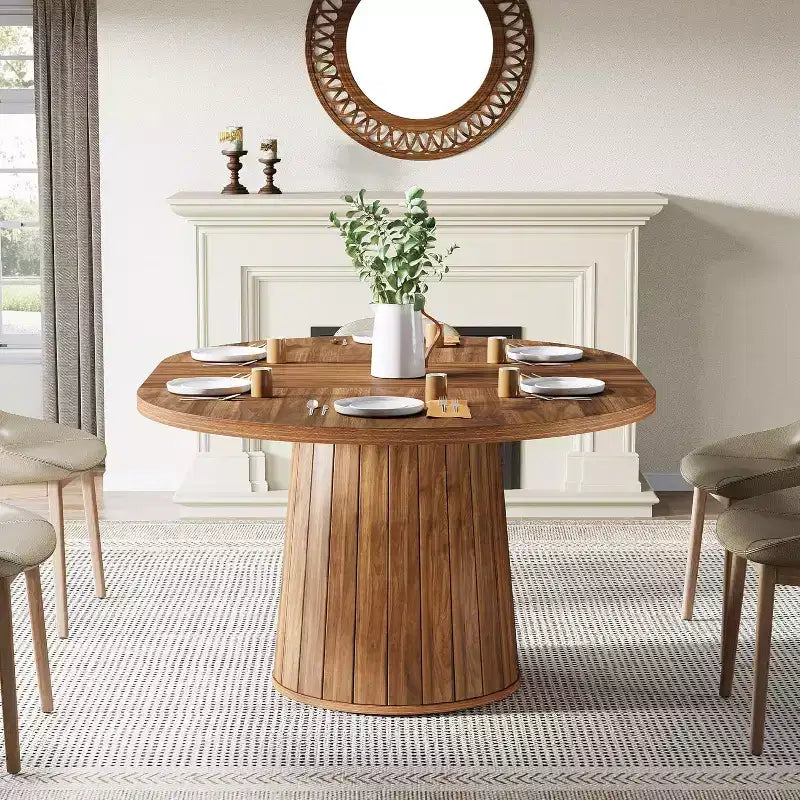 Table à manger ovale en bois de 140 cm avec plateau en bois et piètement cylindrique