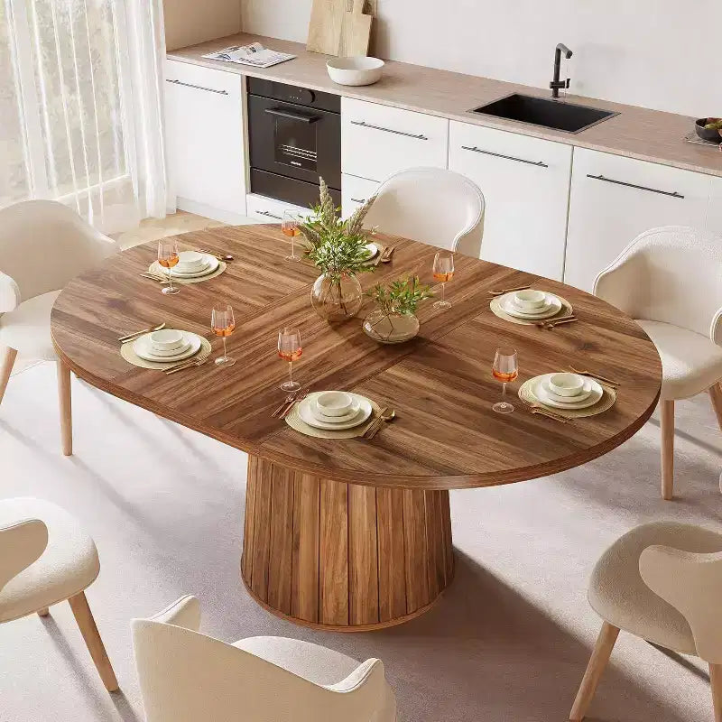 Table à manger ovale en bois de 140 cm avec plateau en bois et piètement cylindrique