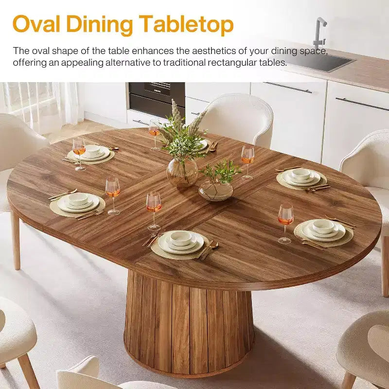 Table à manger ovale en bois de 140 cm avec plateau en bois et piètement cylindrique