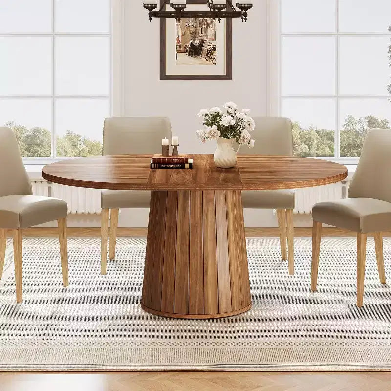 Table à manger ovale en bois de 140 cm avec plateau en bois et piètement cylindrique