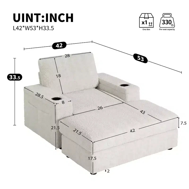 Chaise longue 42W, grand fauteuil d'appoint convertible en canapé-lit, chaise longue rembourrée avec pouf de rangement