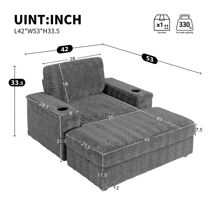 Chaise longue 42W, grand fauteuil d'appoint convertible en canapé-lit, chaise longue rembourrée avec pouf de rangement