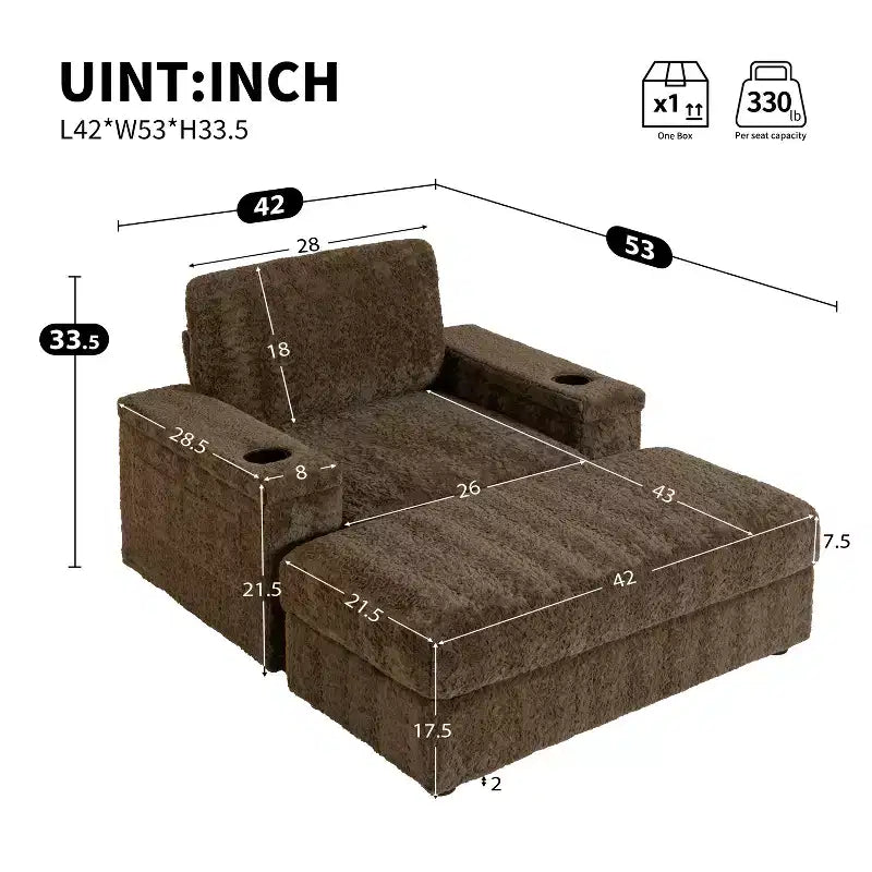 Chaise longue 42W, grand fauteuil d'appoint convertible en canapé-lit, chaise longue rembourrée avec pouf de rangement