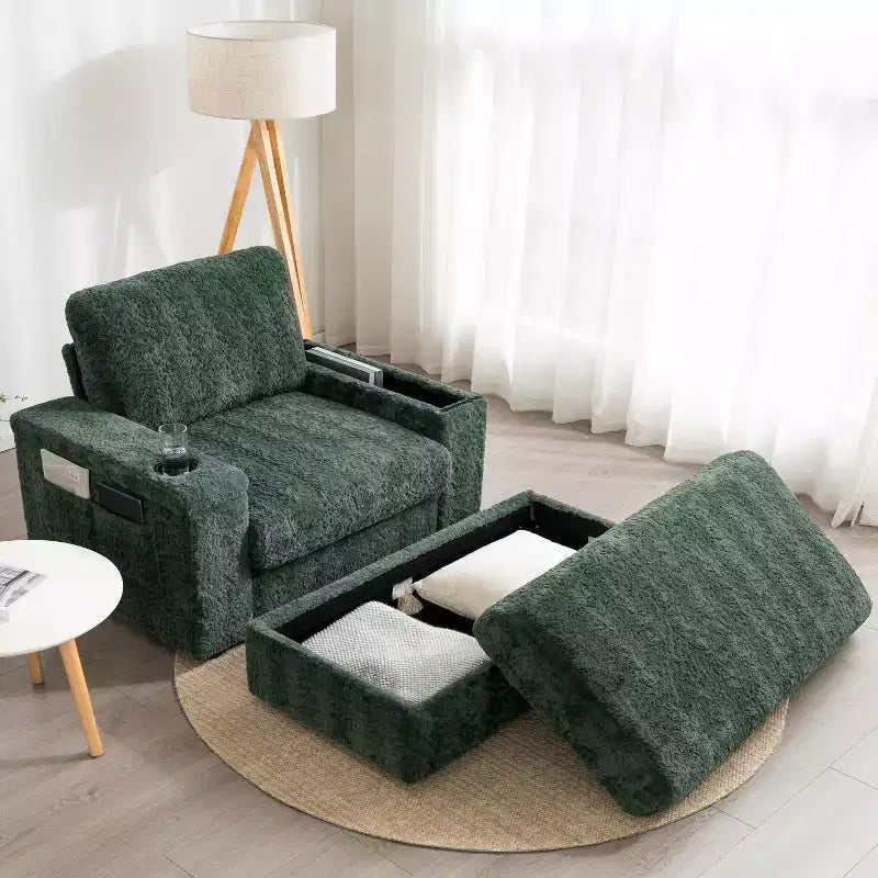 Chaise longue 42W, grand fauteuil d'appoint convertible en canapé-lit, chaise longue rembourrée avec pouf de rangement