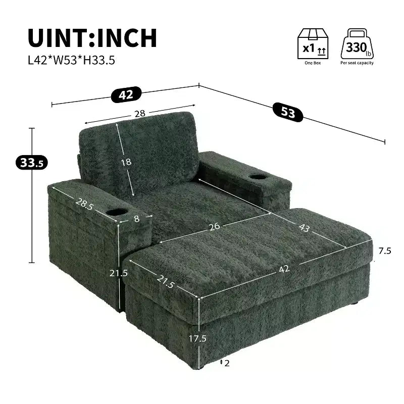 Chaise longue 42W, grand fauteuil d'appoint convertible en canapé-lit, chaise longue rembourrée avec pouf de rangement