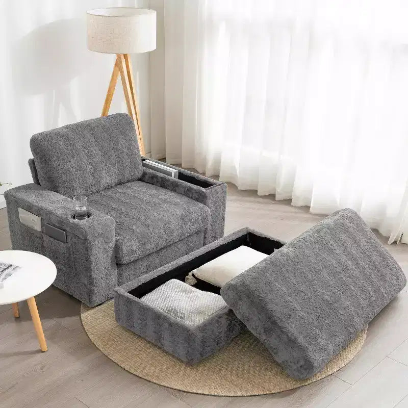 Chaise longue 42W, grand fauteuil d'appoint convertible en canapé-lit, chaise longue rembourrée avec pouf de rangement