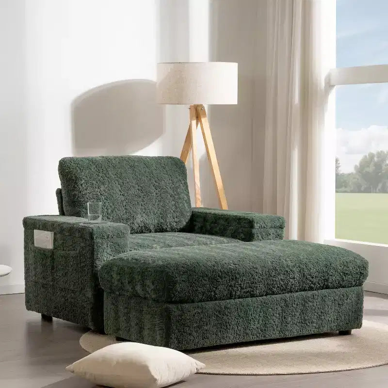 Chaise longue 42W, grand fauteuil d'appoint convertible en canapé-lit, chaise longue rembourrée avec pouf de rangement