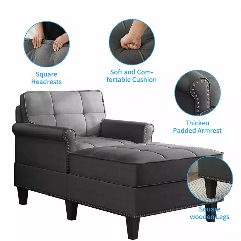 Chaise longue, canapé, banquette en lin avec dossier capitonné, lit de repos convertible de style Mid-Century pour petits espaces