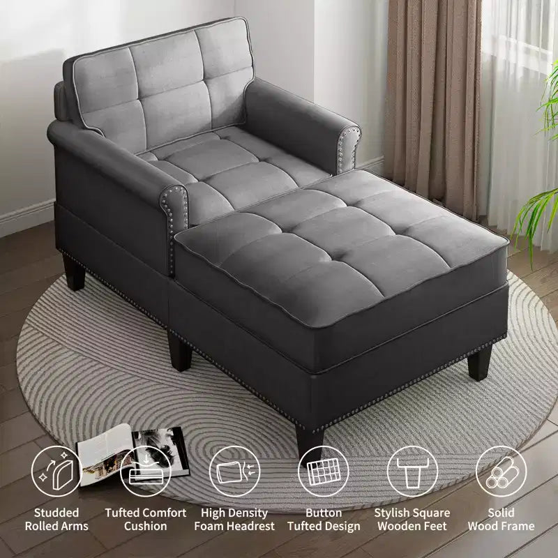 Chaise longue, canapé, banquette en lin avec dossier capitonné, lit de repos convertible de style Mid-Century pour petits espaces