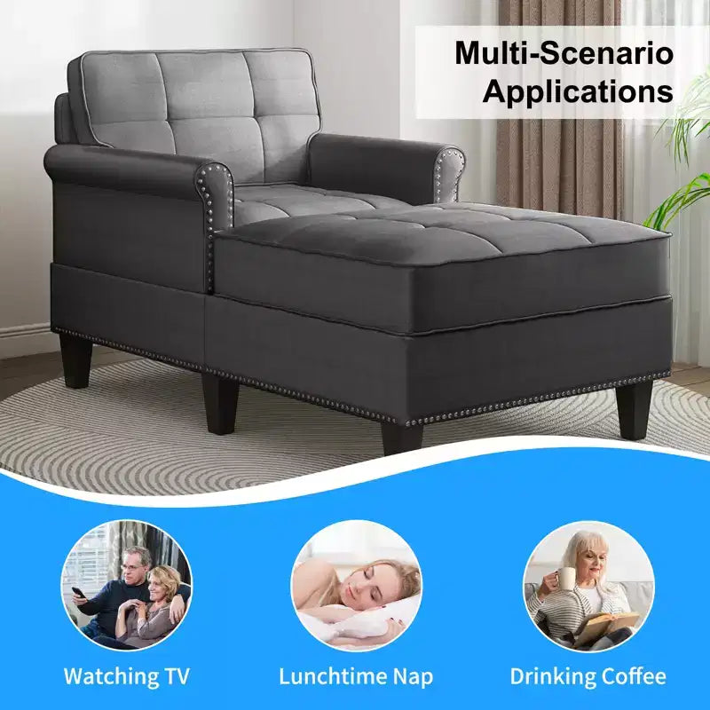 Chaise longue, canapé, banquette en lin avec dossier capitonné, lit de repos convertible de style Mid-Century pour petits espaces