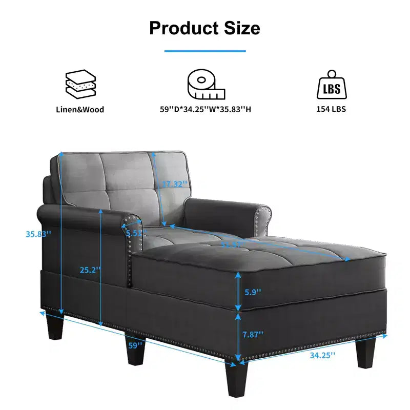 Chaise longue, canapé, banquette en lin avec dossier capitonné, lit de repos convertible de style Mid-Century pour petits espaces