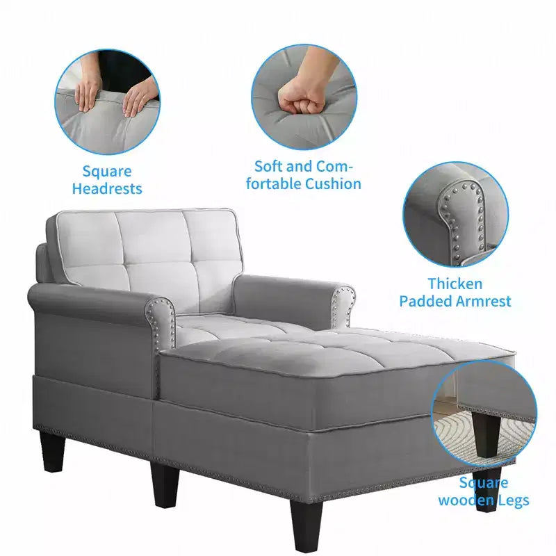 Chaise longue, canapé, banquette en lin avec dossier capitonné, lit de repos convertible de style Mid-Century pour petits espaces