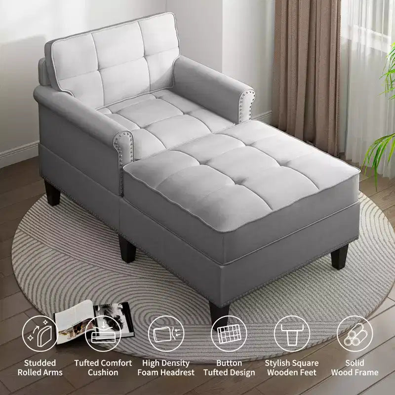 Chaise longue, canapé, banquette en lin avec dossier capitonné, lit de repos convertible de style Mid-Century pour petits espaces