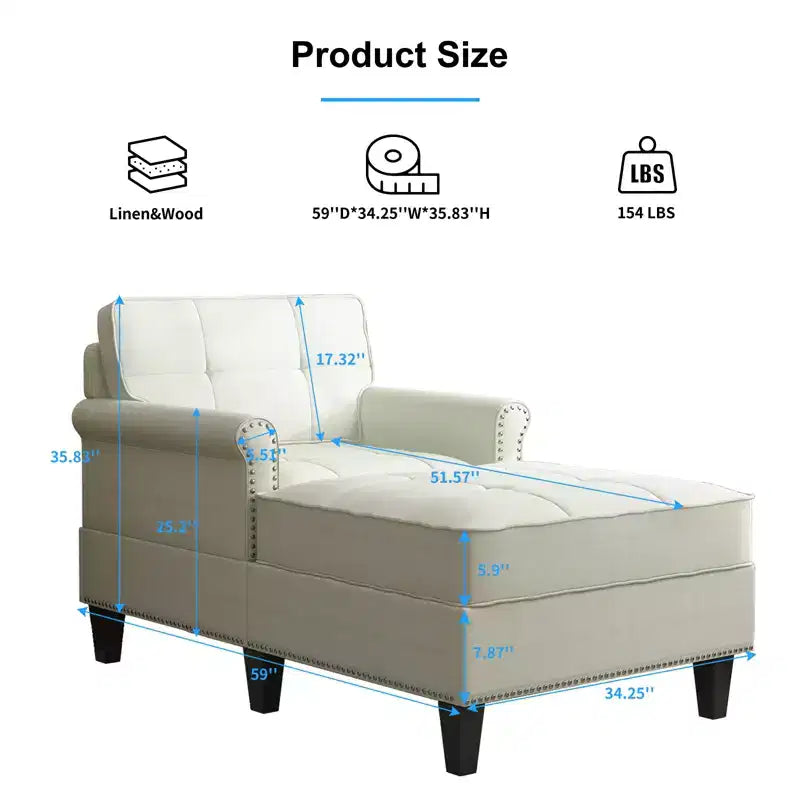 Chaise longue, canapé, banquette en lin avec dossier capitonné, lit de repos convertible de style Mid-Century pour petits espaces
