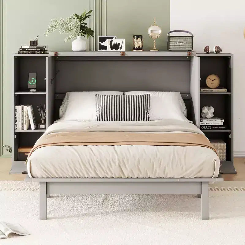 Whisen Modern Design Murphy Bed, Folded into a Cabinet with Shelves, Drawers and USB Ports, Stylish and Practical