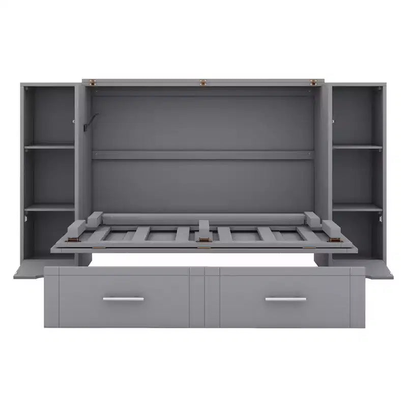 Lit escamotable au design moderne, se repliant dans une armoire avec étagères, tiroirs et ports USB, élégant et pratique