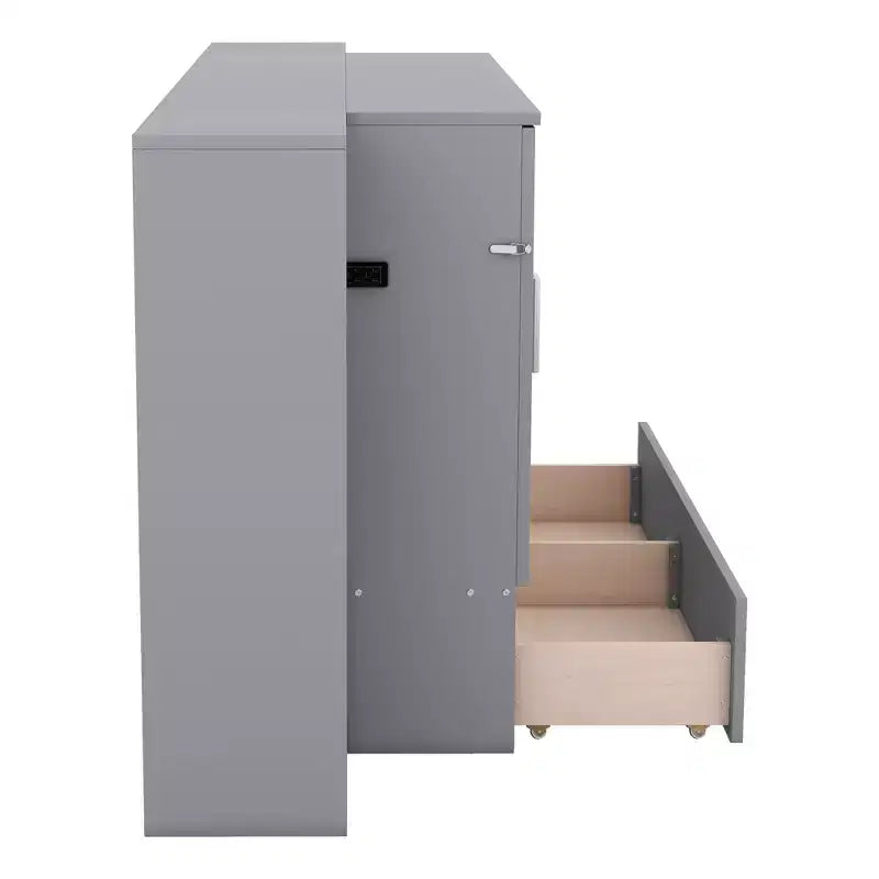 Lit escamotable au design moderne, se repliant dans une armoire avec étagères, tiroirs et ports USB, élégant et pratique
