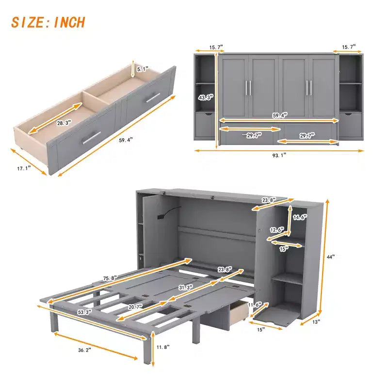 Lit escamotable au design moderne, se repliant dans une armoire avec étagères, tiroirs et ports USB, élégant et pratique