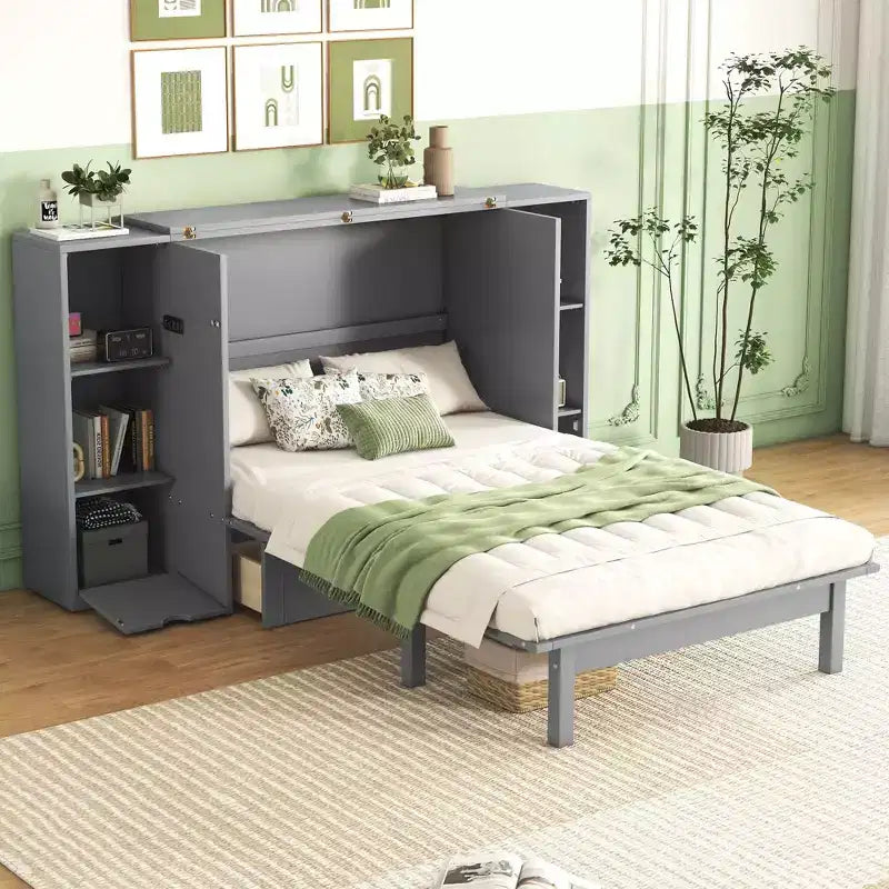 Lit escamotable au design moderne, se repliant dans une armoire avec étagères, tiroirs et ports USB, élégant et pratique