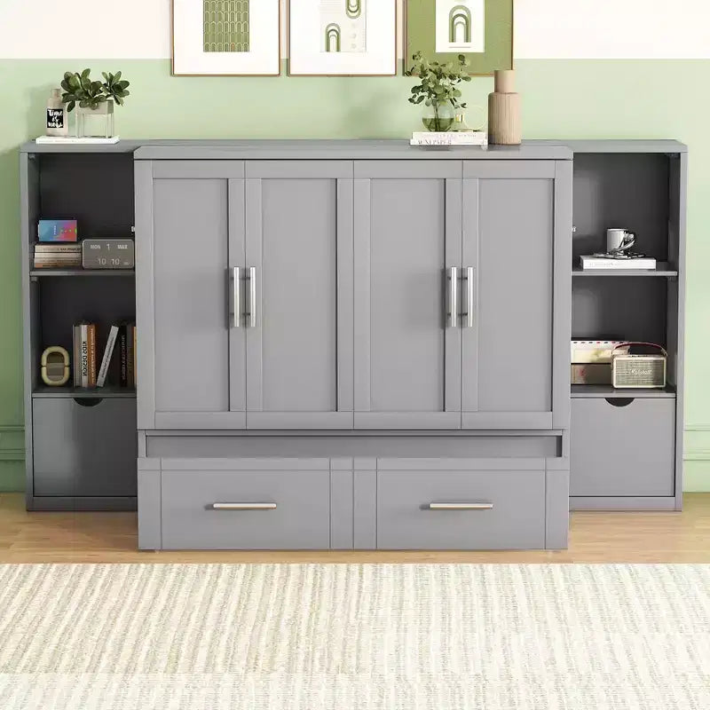 Lit escamotable au design moderne, se repliant dans une armoire avec étagères, tiroirs et ports USB, élégant et pratique