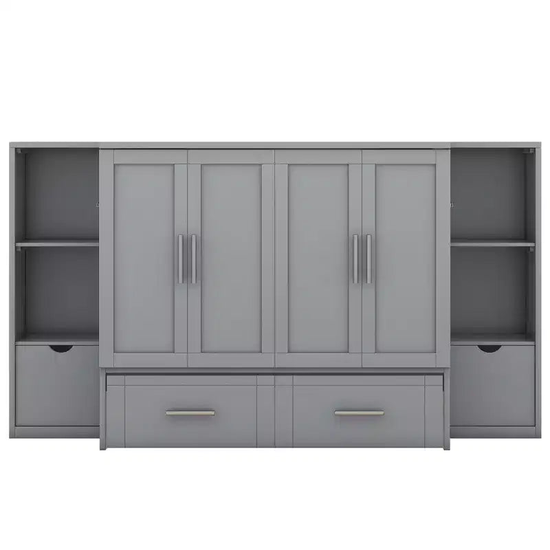 Lit escamotable au design moderne, se repliant dans une armoire avec étagères, tiroirs et ports USB, élégant et pratique